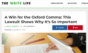 Screenshot of The Write Life shows Oxford Comma story